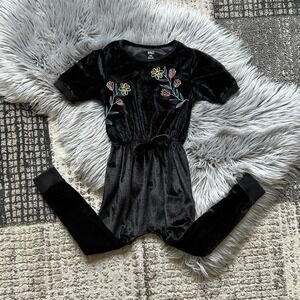 Rags Girls Black Velvet Romper With Embroidered Flowers Size 5/6T One Piece